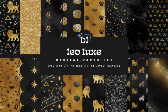 Download Black &amp; Gold Leo Zodiac Digital Paper - Gold Collection