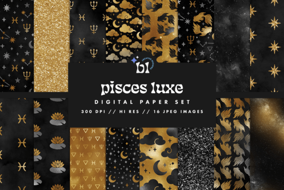 Download Black &amp; Gold Pisces Zodiac Digital Paper - Gold Collection