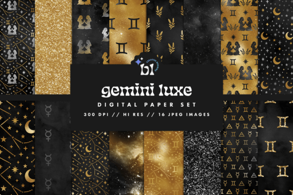 Download Black &amp; Gold Gemini Zodiac Digital Paper - Gold Collection