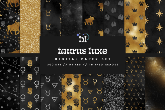 Download Black &amp; Gold Taurus Zodiac Digital Paper - Gold Collection
