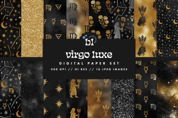 Download Black &amp; Gold Virgo Zodiac Digital Paper - Gold Collection