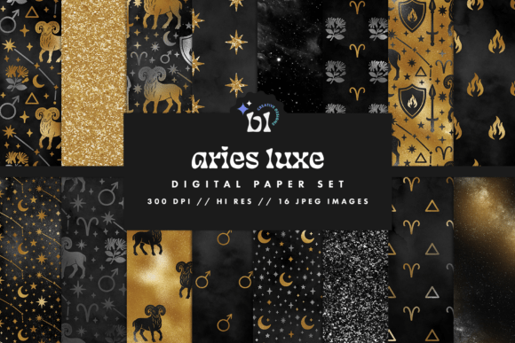 Download Black &amp; Gold Aries Zodiac Digital Paper - Gold Collection