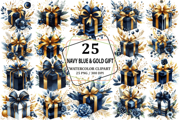 Download Watercolor Navy Blue &amp; Gold Gift Clipart - Gold Collection
