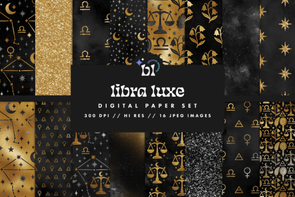 Download Black &amp; Gold Libra Zodiac Digital Paper - Gold Collection